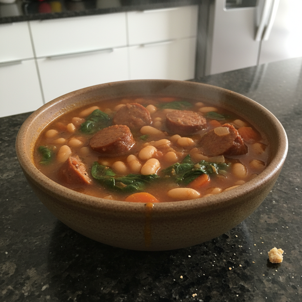 A steaming bowl of hearty One-Pot Italian Sausage and White Bean Soup.