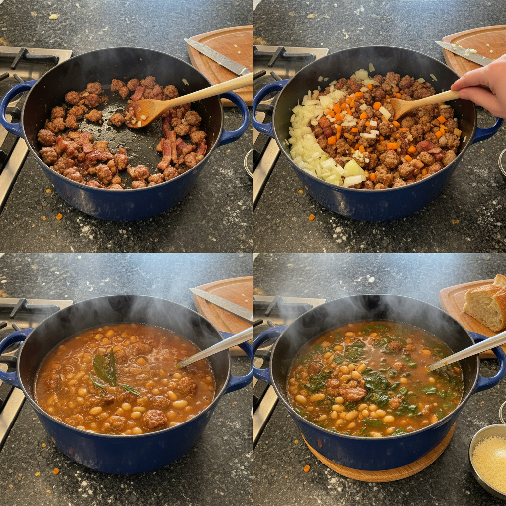 Step-by-step preparation of One-Pot Italian Sausage and White Bean Soup in a dutch oven.