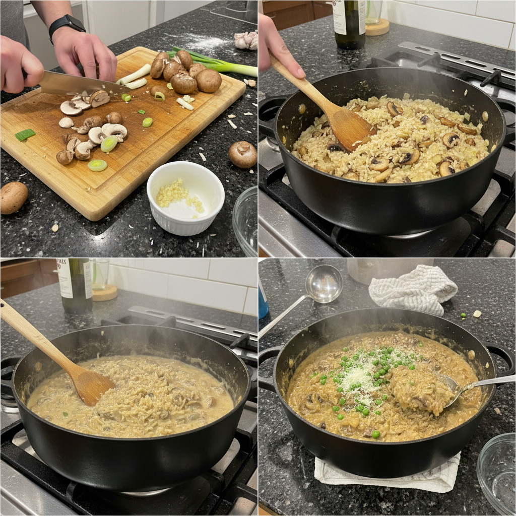 Step-by-step photo showing mushrooms being sautéed in a pot for the mushroom risotto.