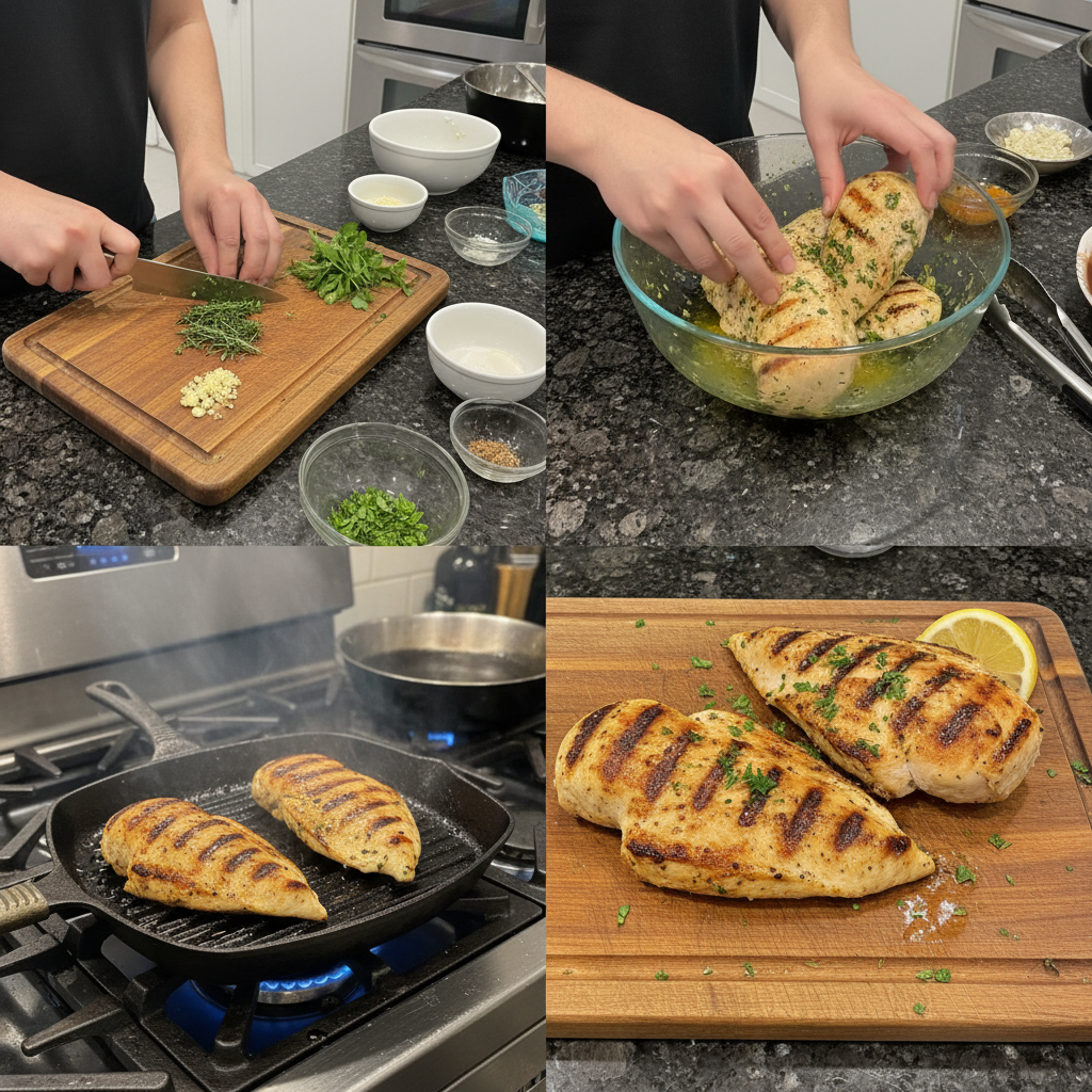 Preparing high protein Valentine’s grilled chicken with herbs on a cutting board.