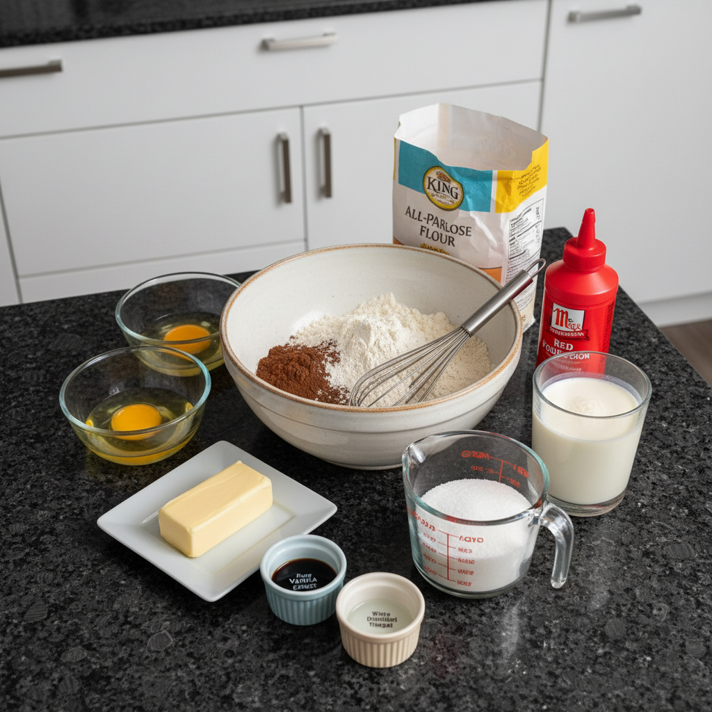 All the fresh ingredients needed to bake delightful red velvet cupcakes from scratch at home.