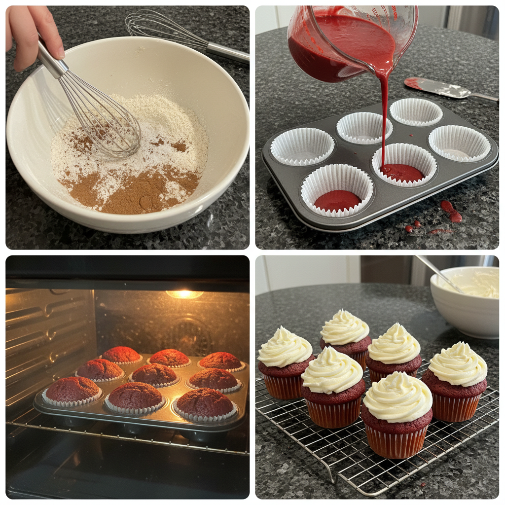 Step-by-step preparation of moist red velvet cupcakes recipe, showing the mixing process.
