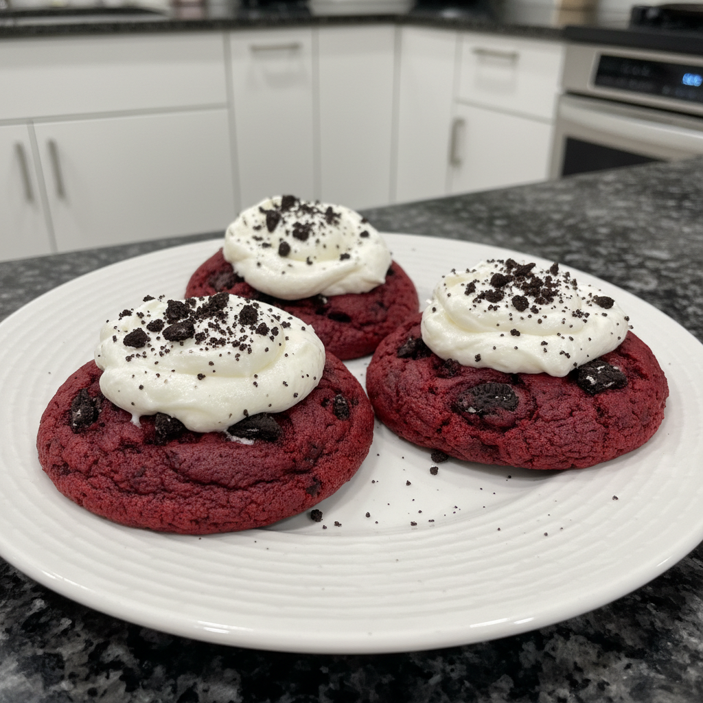 Stack of homemade red velvet oreo cookies with creamy filling, keyword treat.