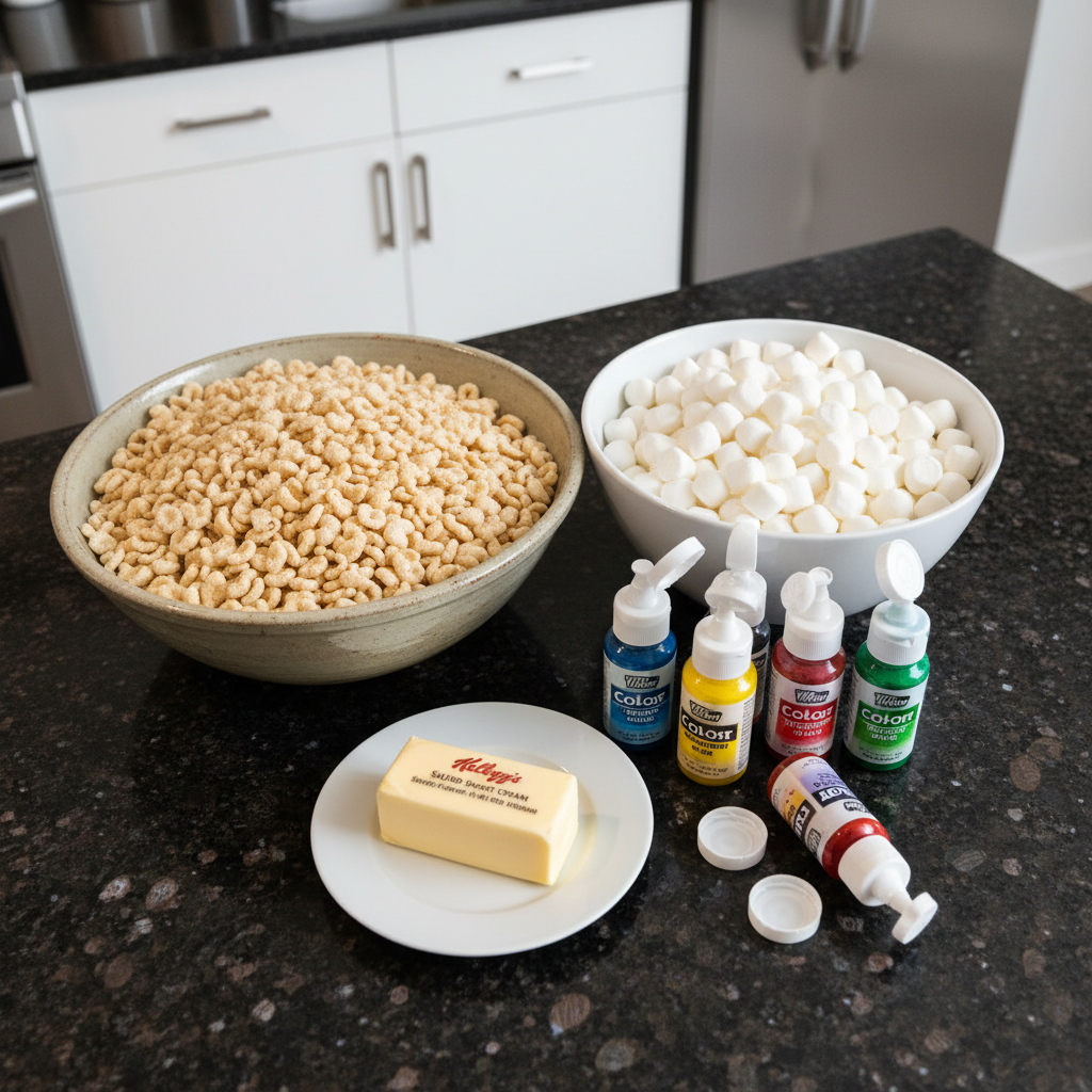 Ingredients for homemade rice krispies easter egg treats molded recipe.