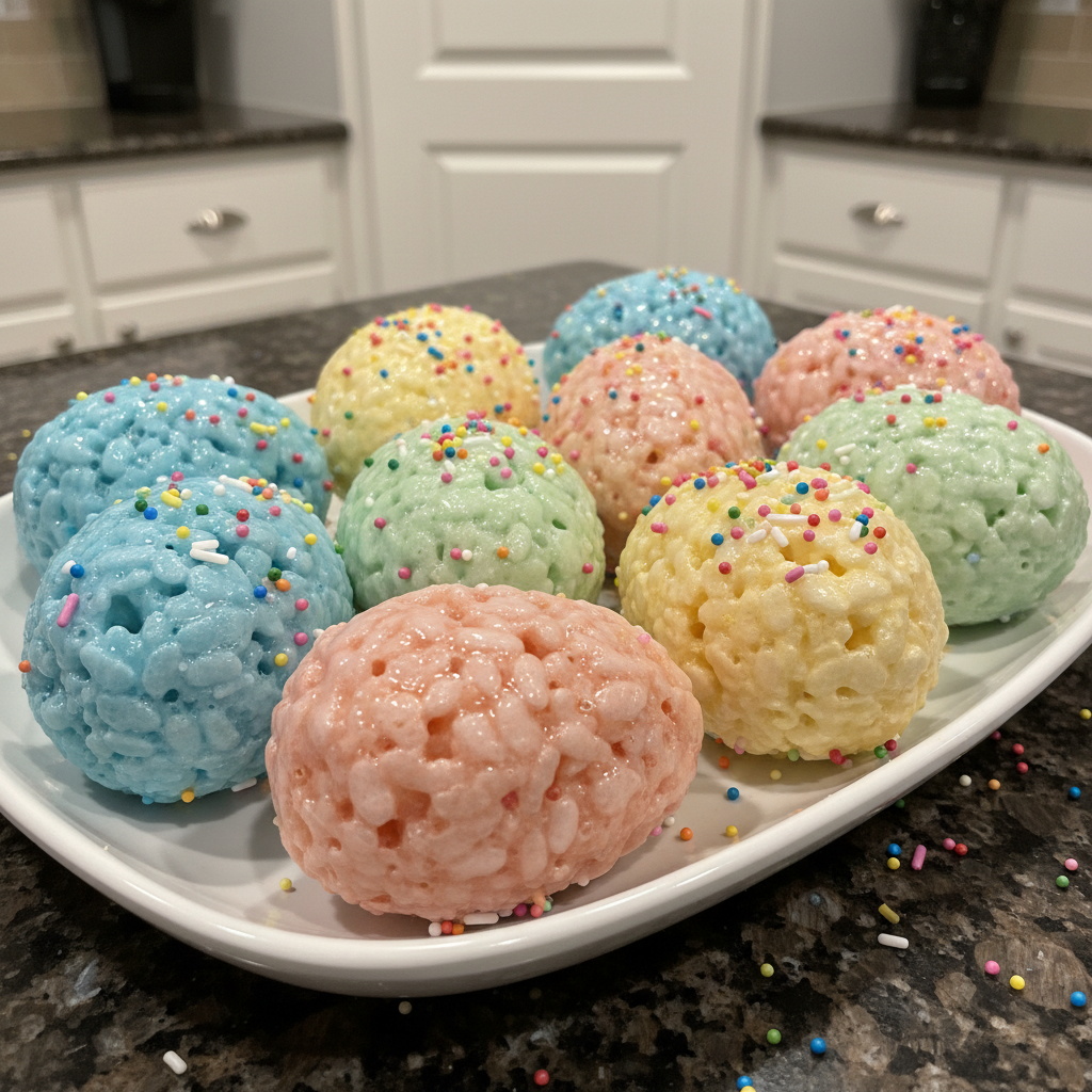 Delicious rice krispies easter egg treats molded and decorated beautifully.