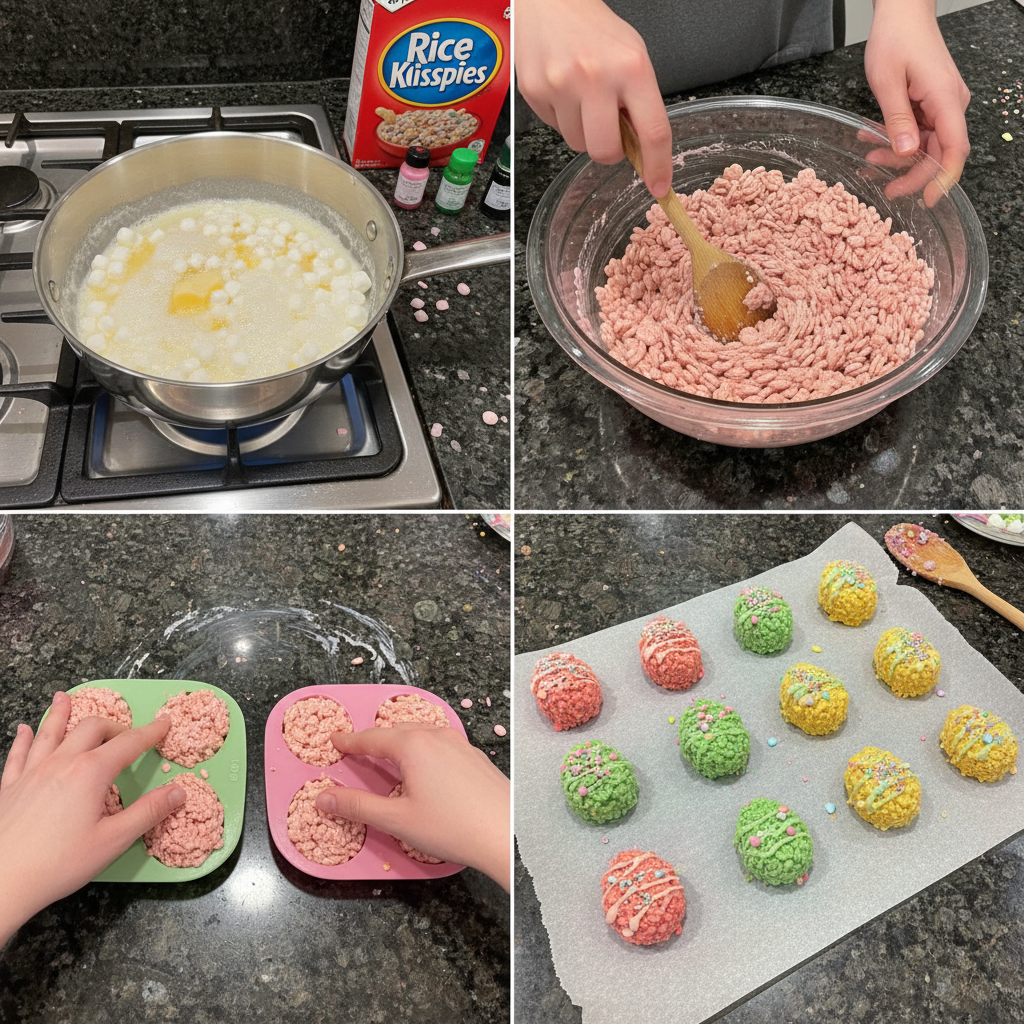 Step-by-step prep for making rice krispies easter egg treats molded.