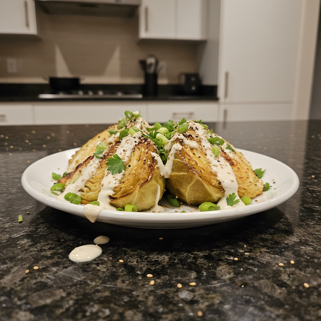 Golden roasted cabbage wedges on a rustic wooden board, seasoned perfectly.