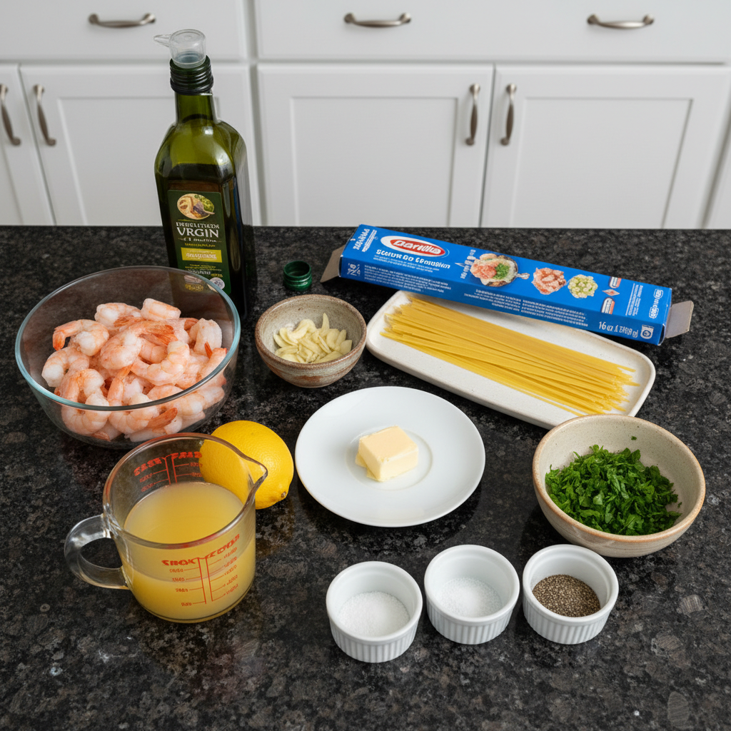 All the ingredients needed to make romantic garlic butter shrimp pasta for Valentine’s Day.