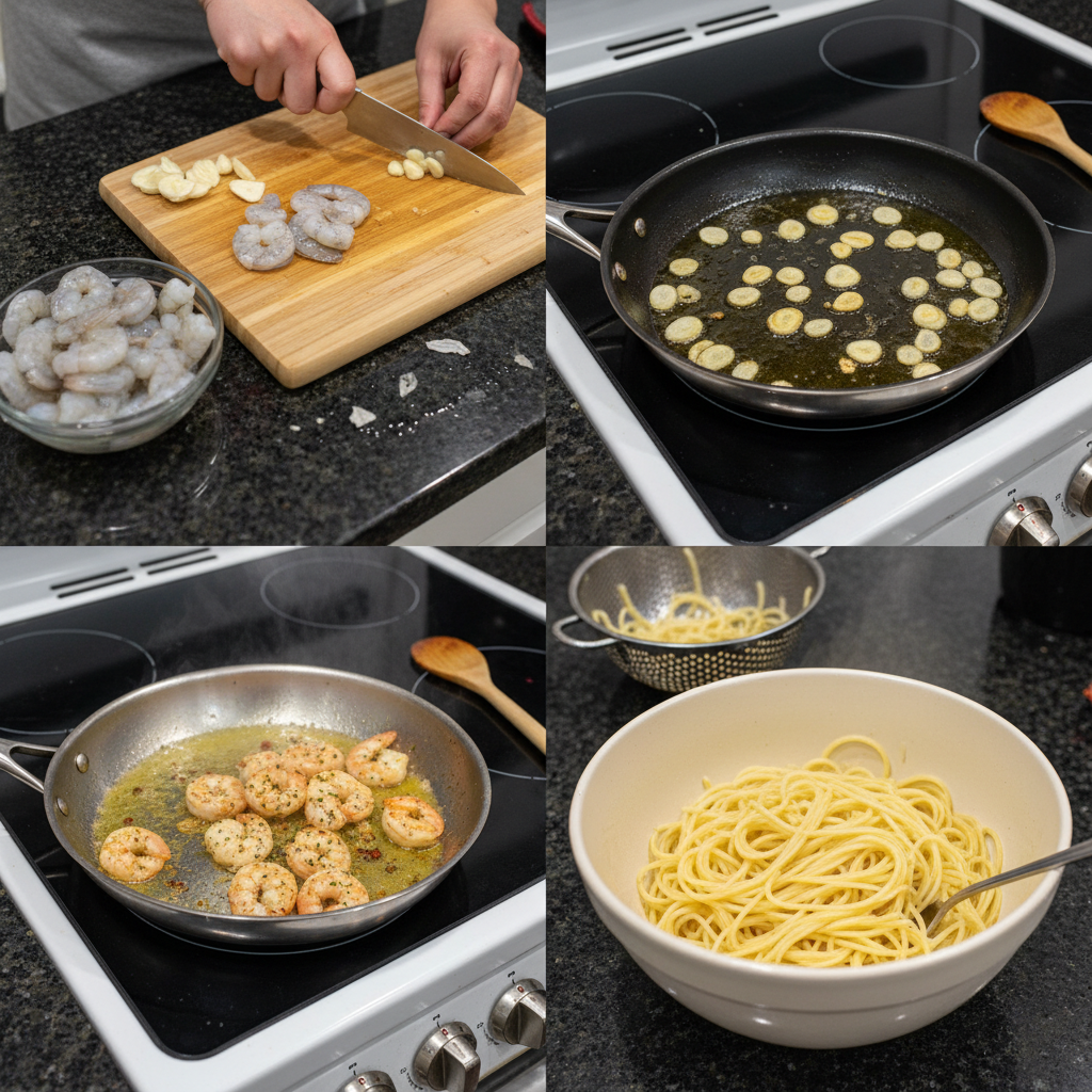 Step-by-step preparation of romantic garlic butter shrimp pasta for Valentine’s dinner.