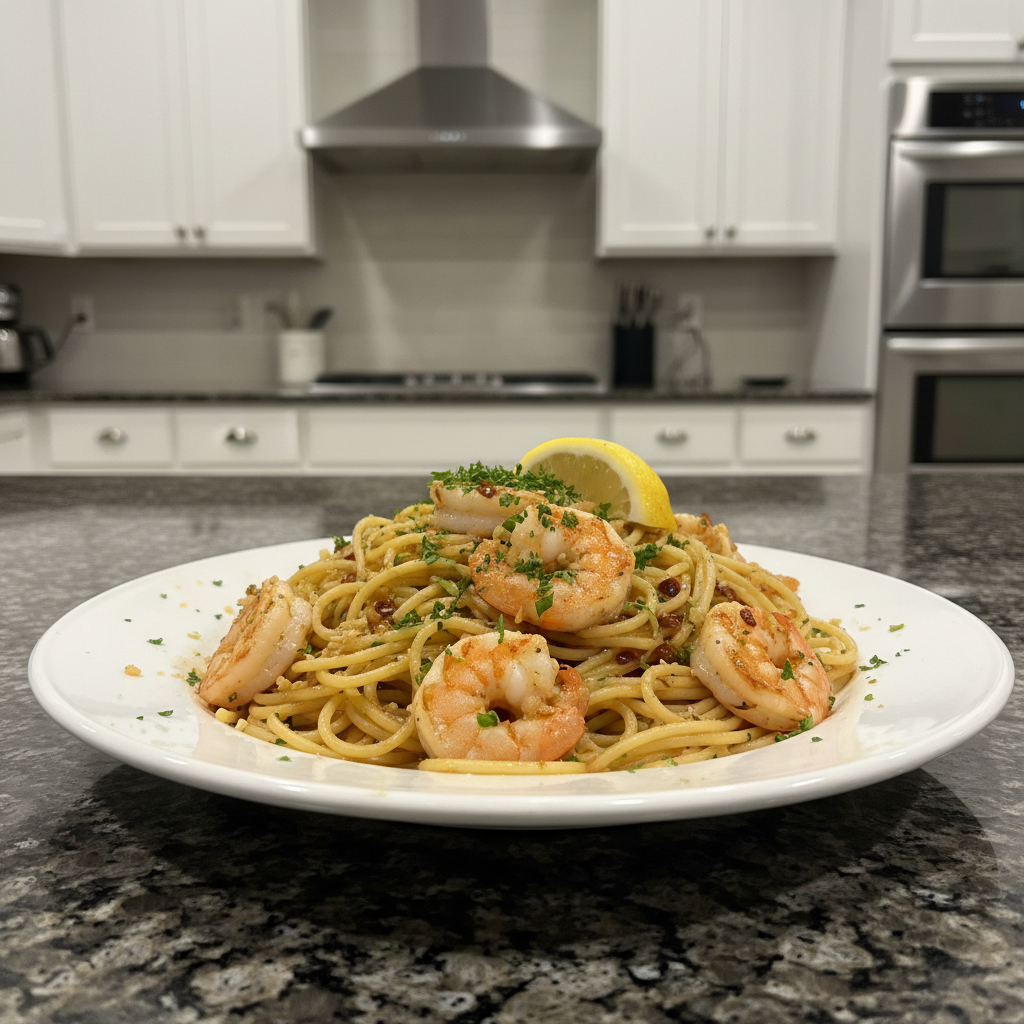 Delicious romantic garlic butter shrimp pasta served on a white plate for Valentine’s Day dinner.