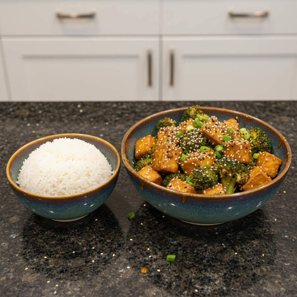 Golden sesame tofu and vibrant green broccoli stir-fry, plated and ready to eat.