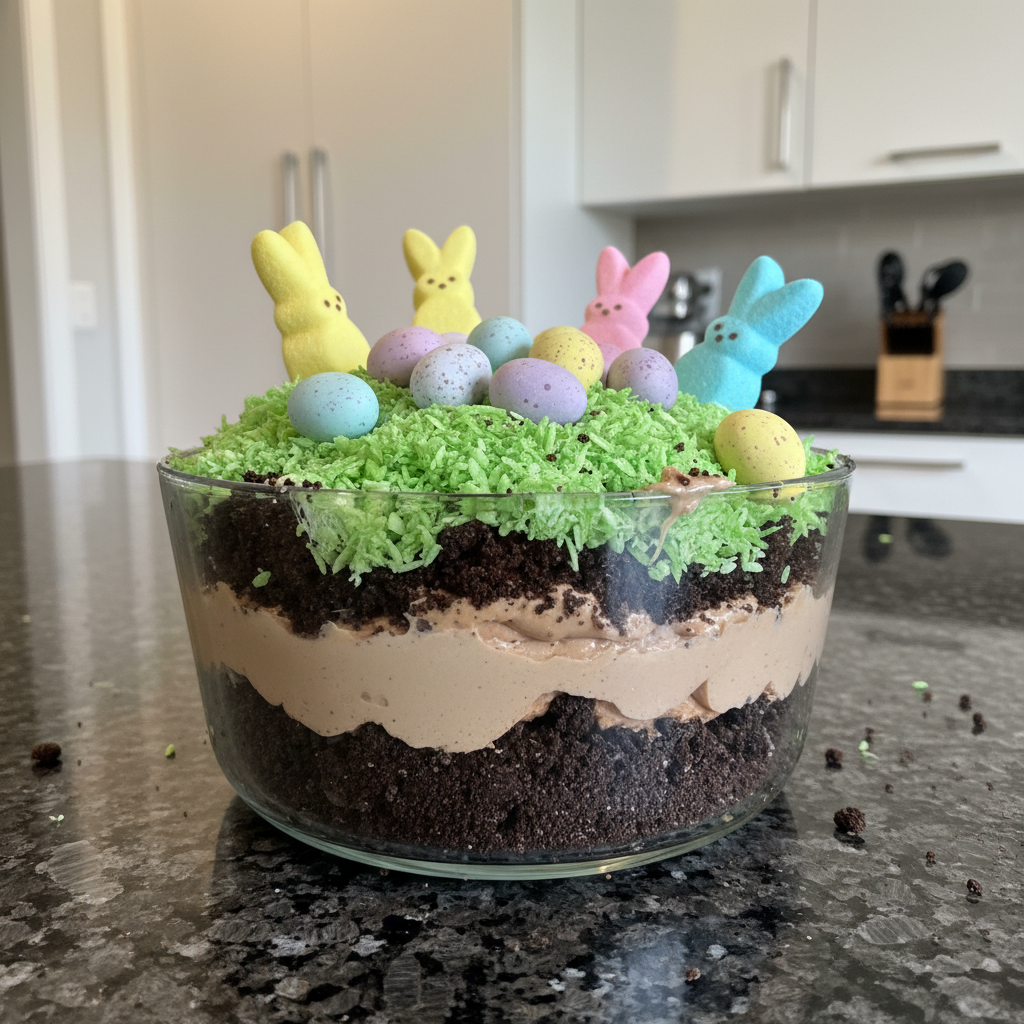 Delicious spring dirt cake dessert with Peeps, served in flower pot.