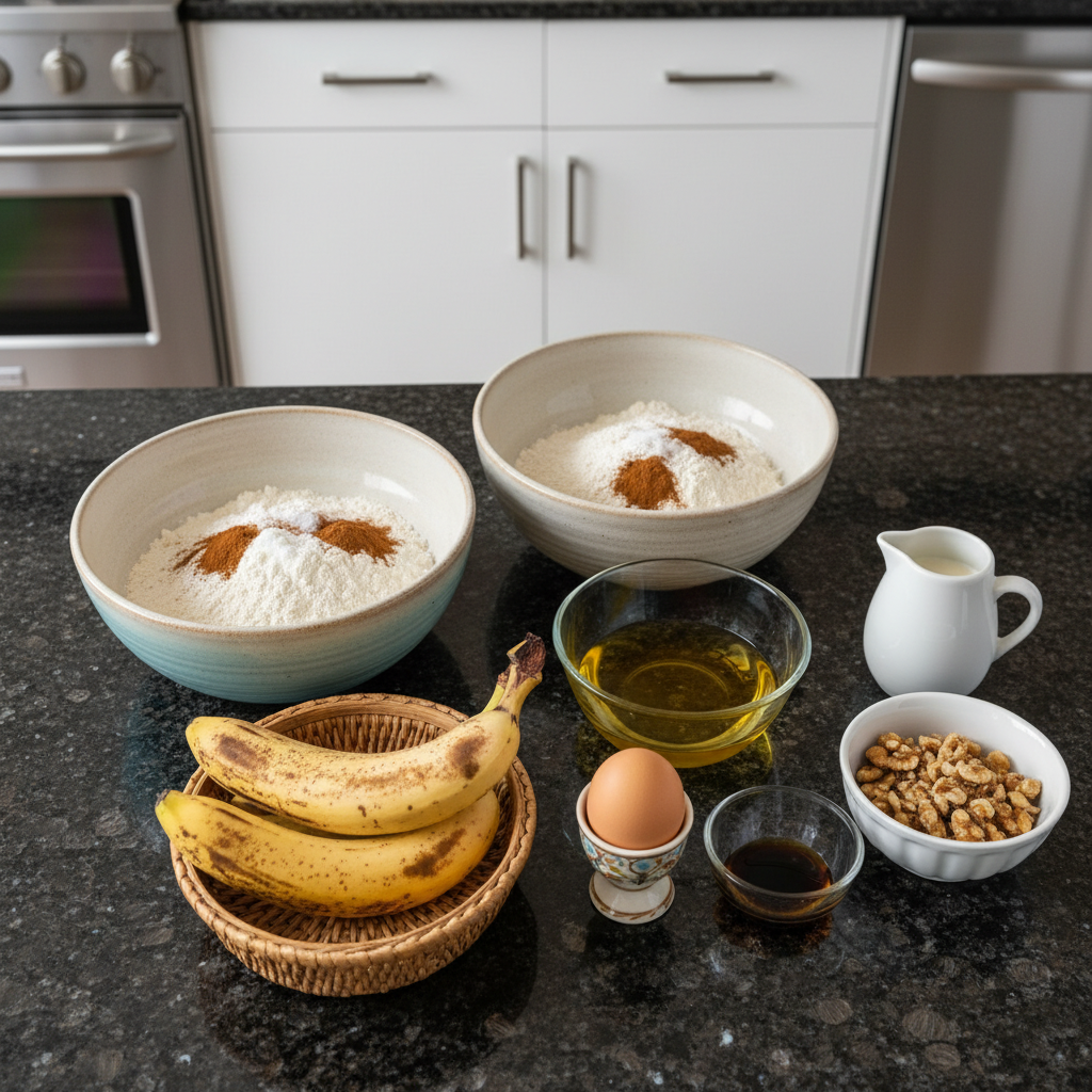 Ingredients for Starbucks banana bread copycat including bananas, flour, and spices.