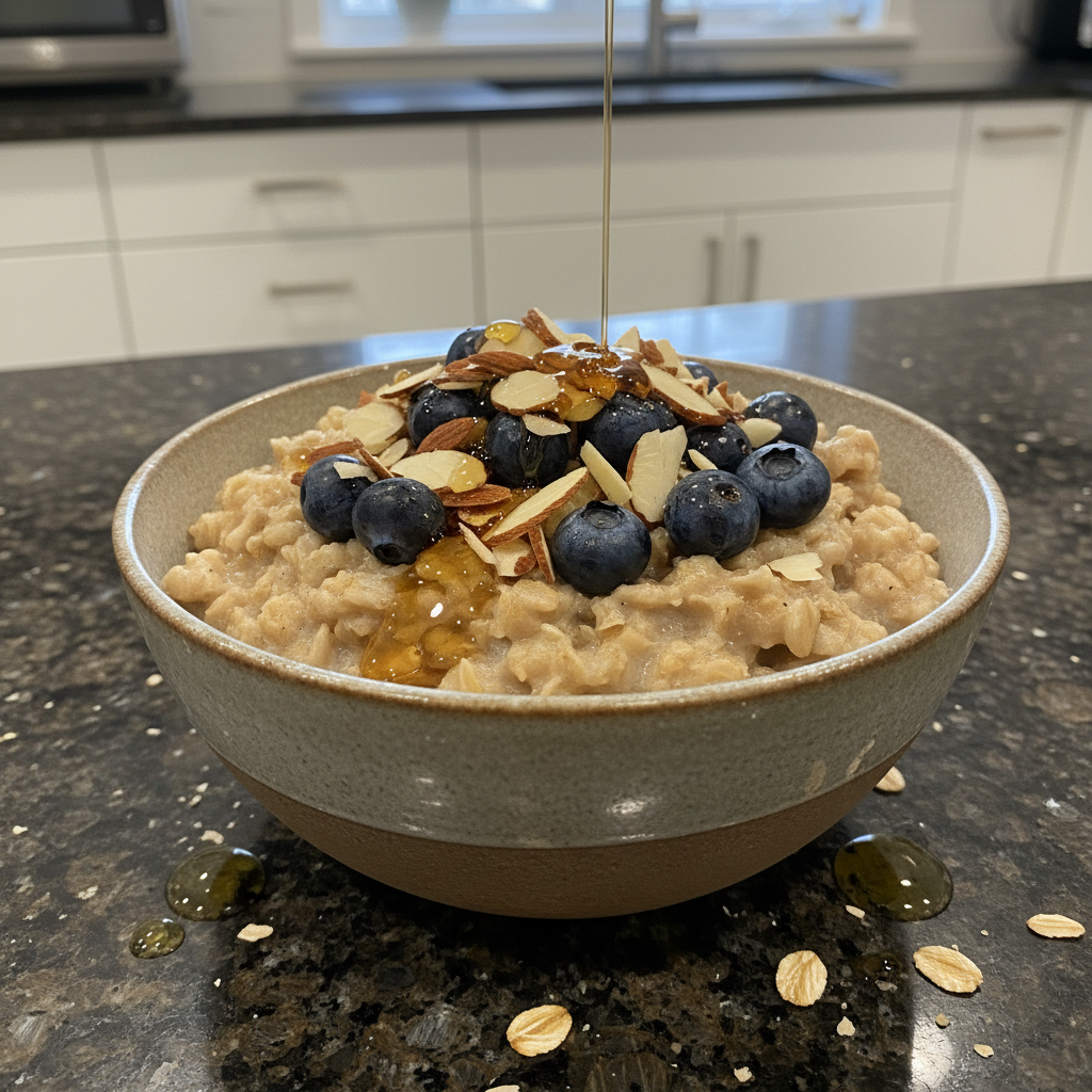 Bowl of creamy steel cut oats topped with berries and nuts.