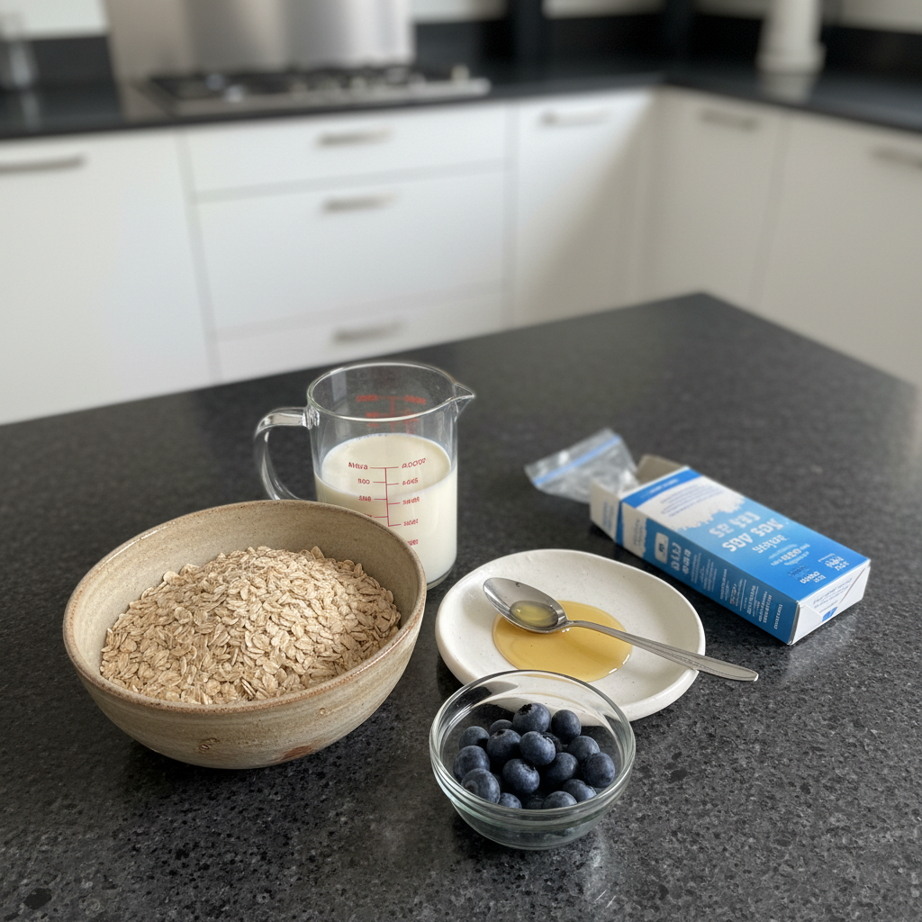 Raw steel cut oats, milk, cinnamon, and berries for breakfast recipe.