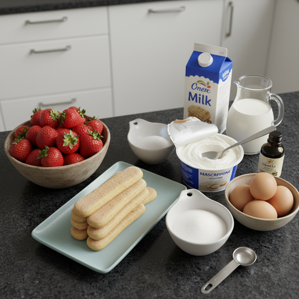 Ingredients for Strawberries and Cream Tiramisu recipe are displayed on counter.