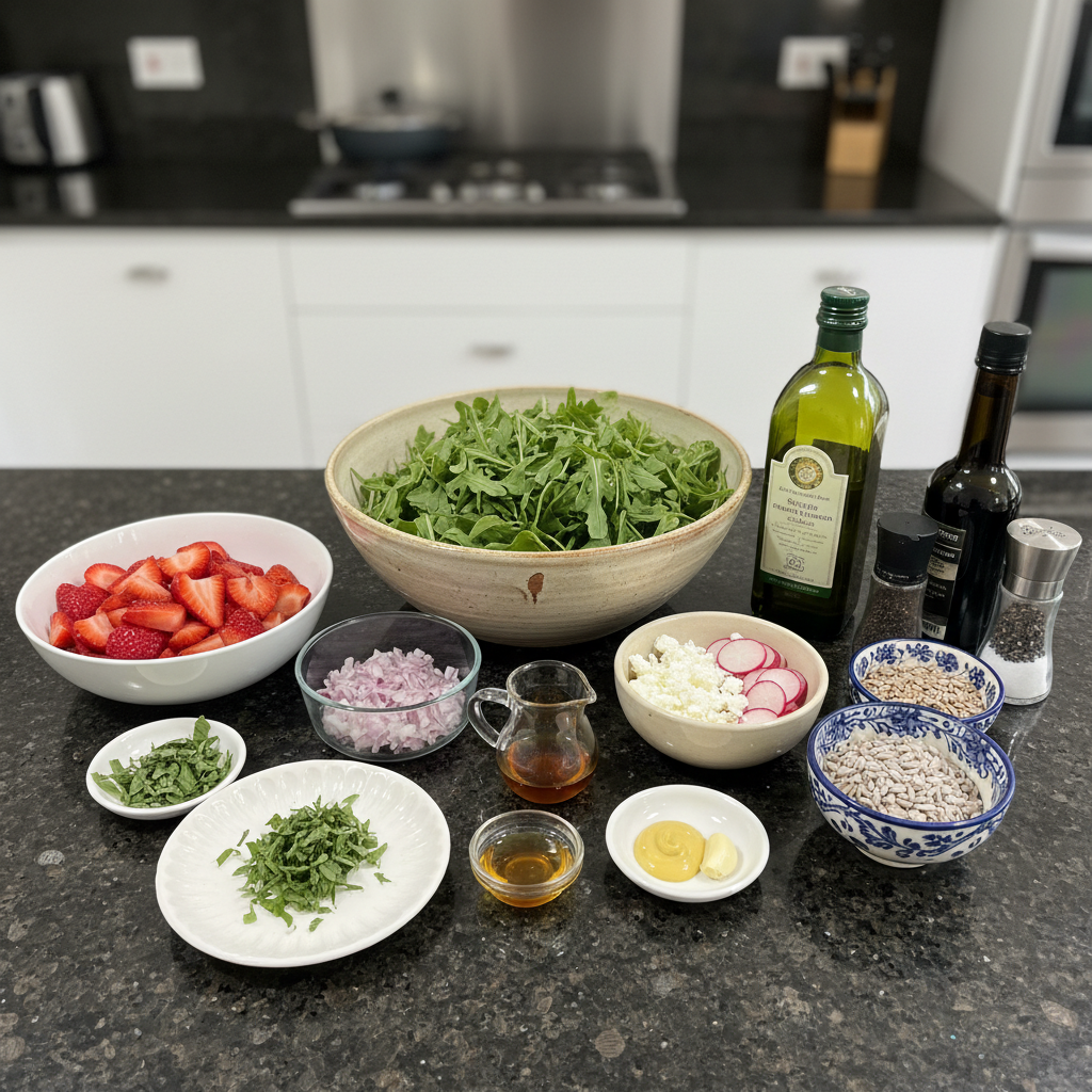 Strawberry arugula salad ingredients: fresh strawberries, arugula, nuts, cheese.
