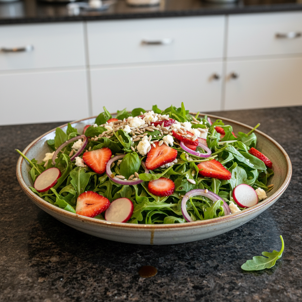 Fresh strawberry arugula salad with balsamic vinaigrette, a delightful summer dish.