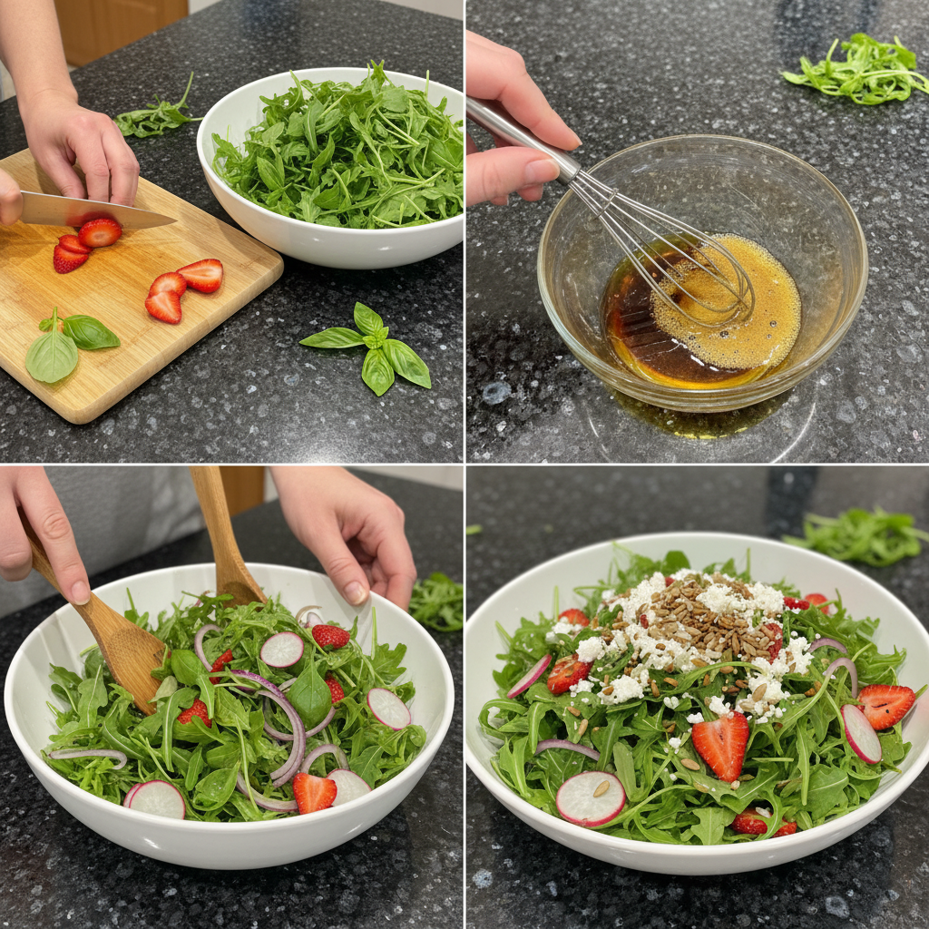 Preparing a strawberry arugula salad: tossing ingredients together.