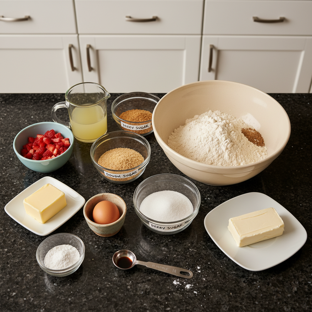 Fresh ingredients for making homemade strawberry shortcake cookies.