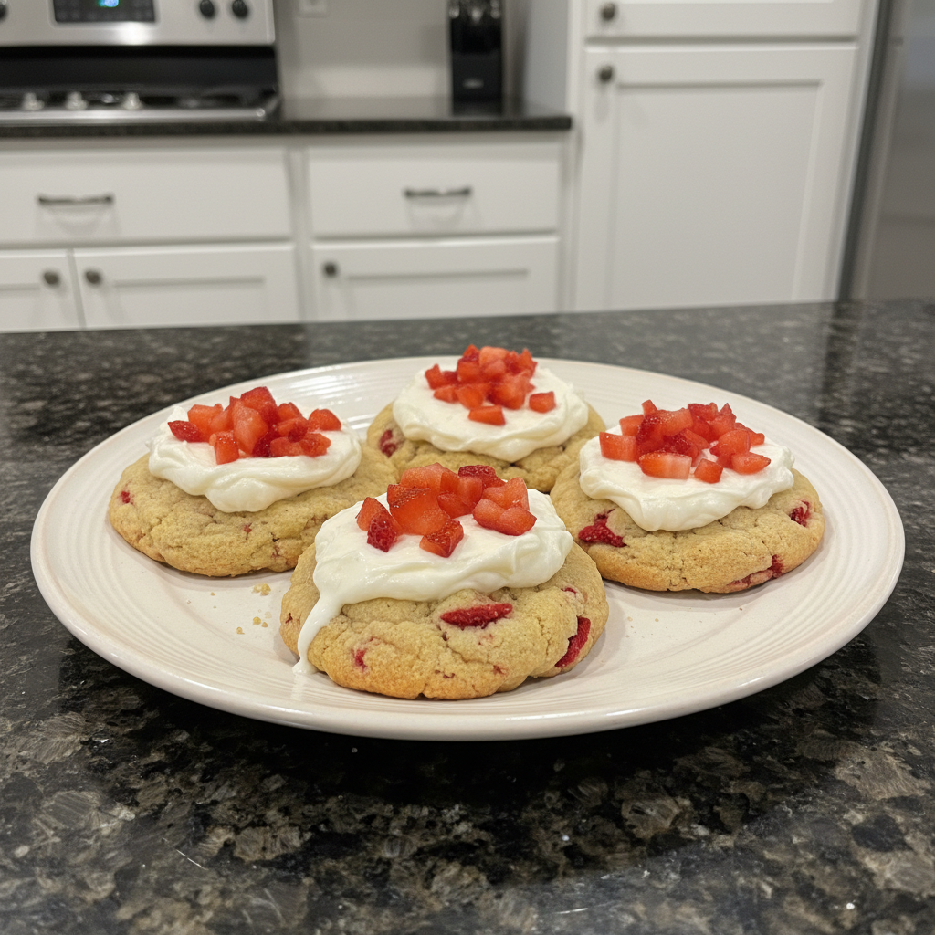 Delicious strawberry shortcake cookies piled high on a plate.
