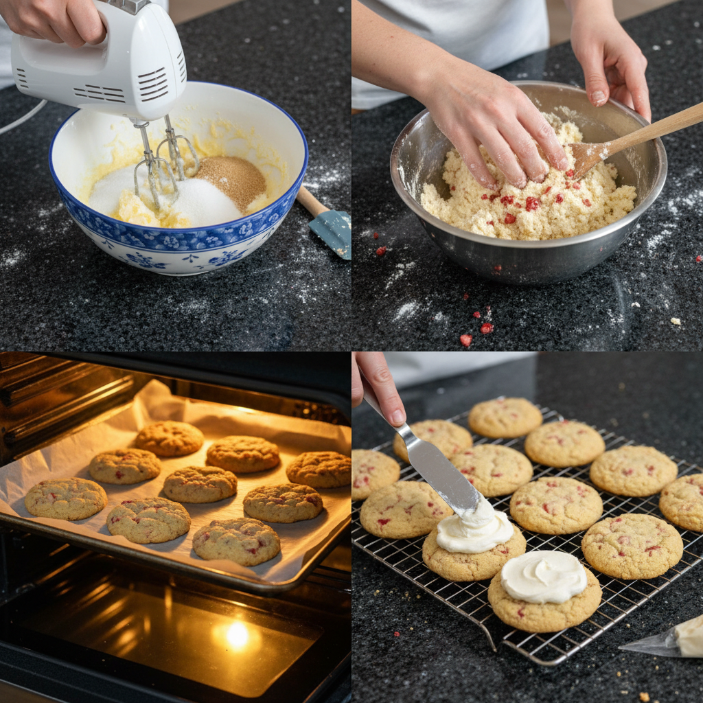 Step-by-step preparation of strawberry shortcake cookies dough.
