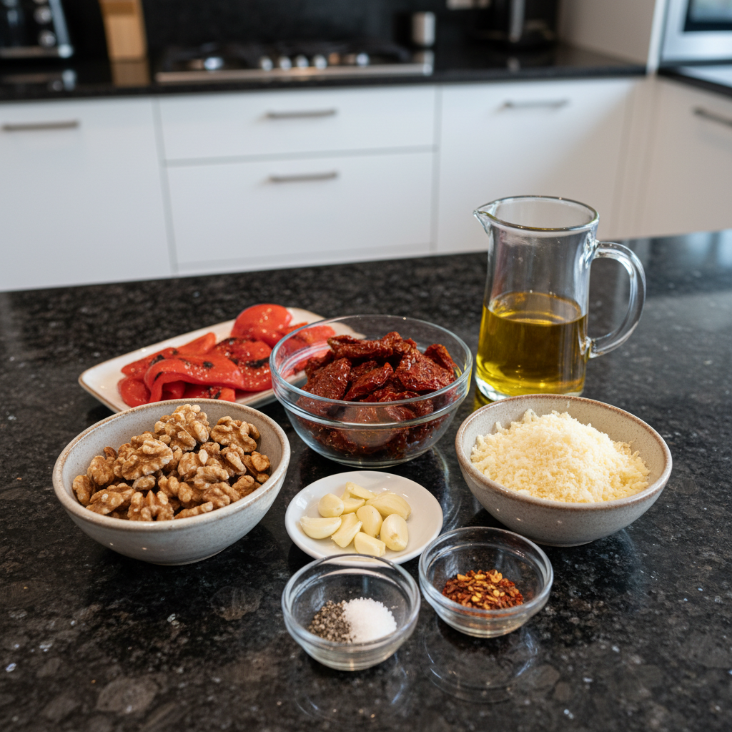All fresh ingredients needed to make delicious sun dried tomato pesto are on display.