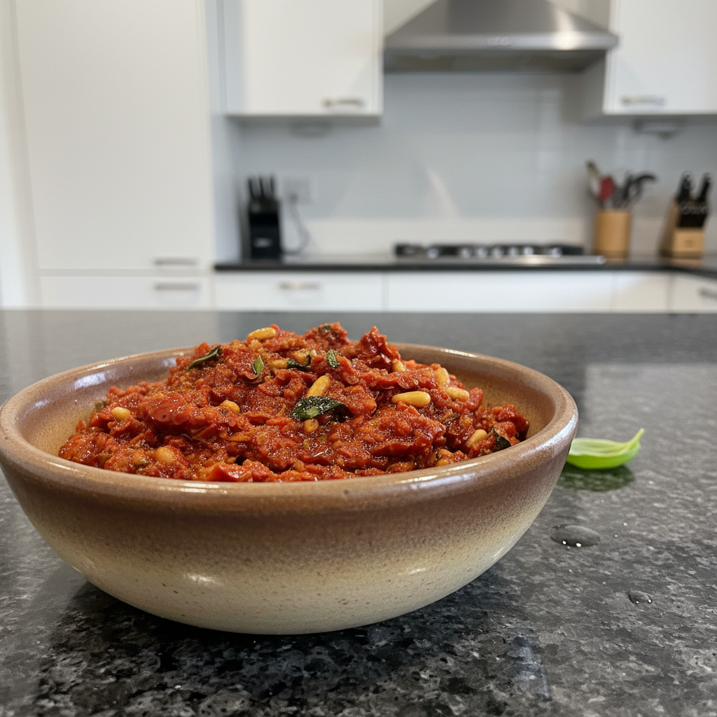 A vibrant bowl of pasta coated in sun dried tomato pesto, garnished with fresh basil.