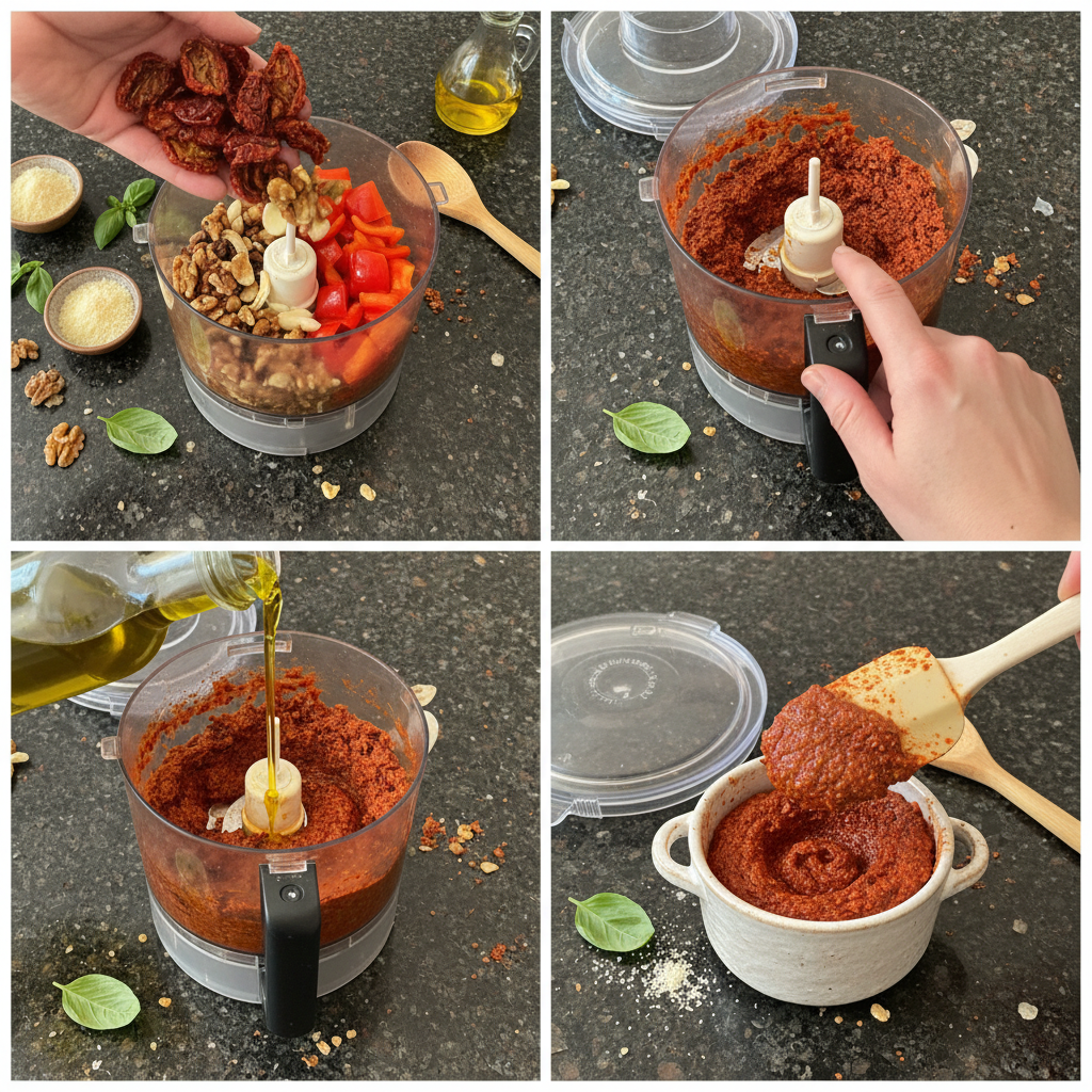 Sun dried tomato pesto being blended in a food processor for a smooth, flavorful sauce.