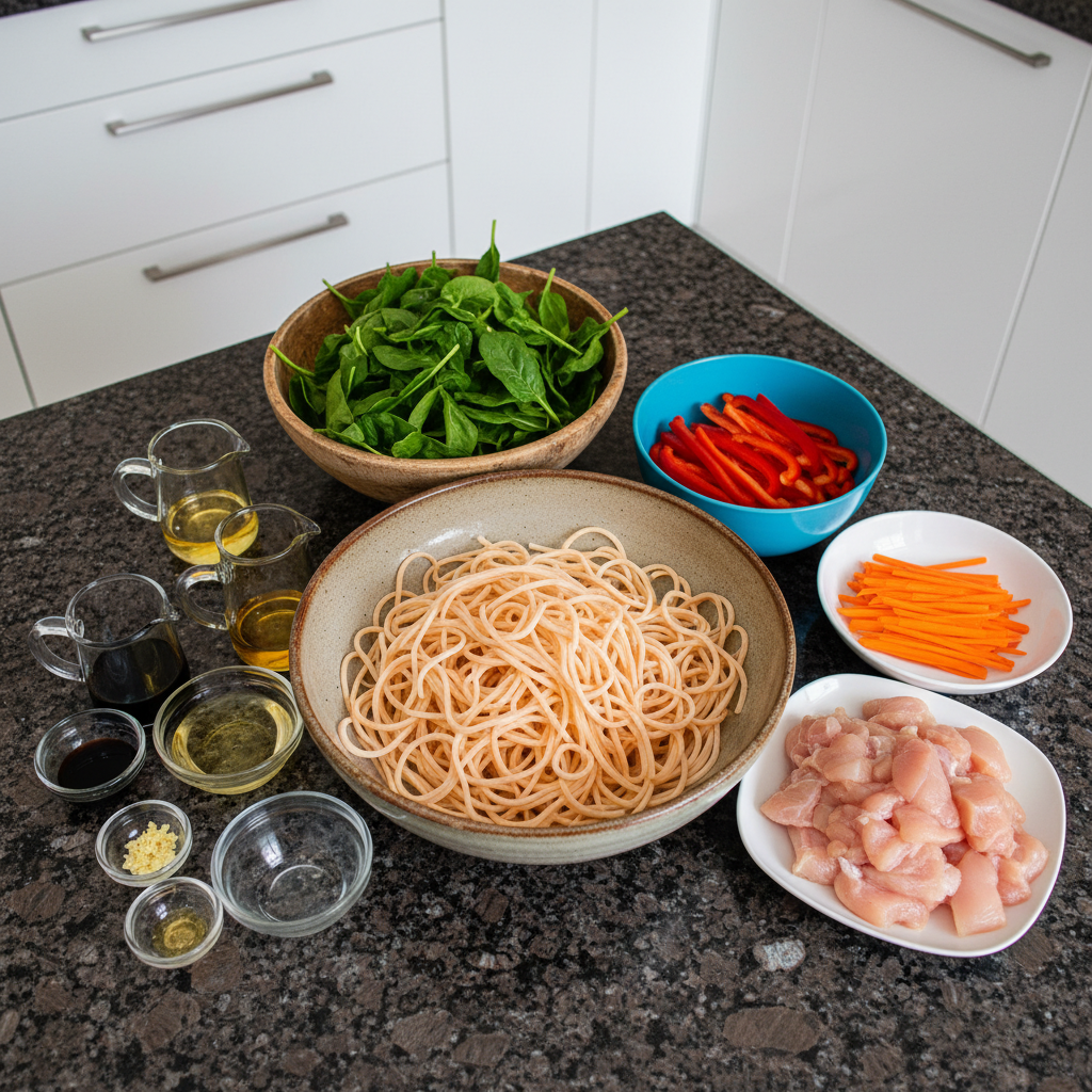 Fresh ingredients for sweet potato noodles recipe including sweet potatoes, vegetables, and sauce components.