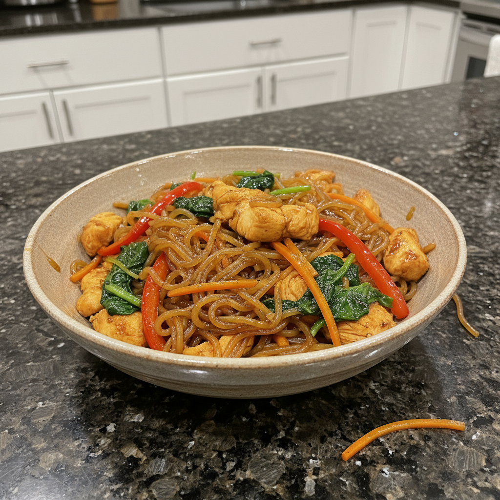 Close-up of vibrant sweet potato noodles with colorful vegetables and a savory sauce.