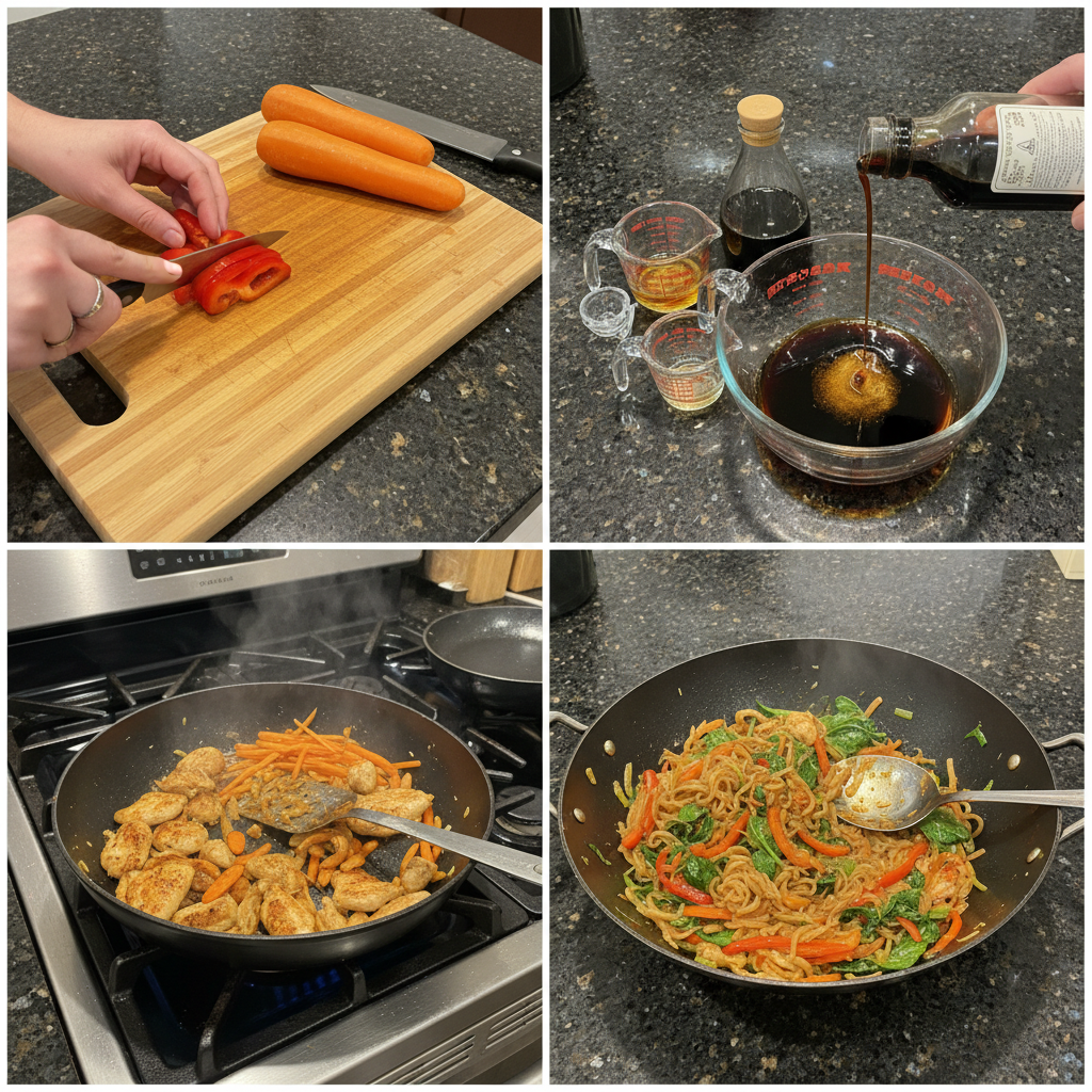 Step-by-step guide showing how to prepare sweet potato noodles, including cutting and cooking the noodles.