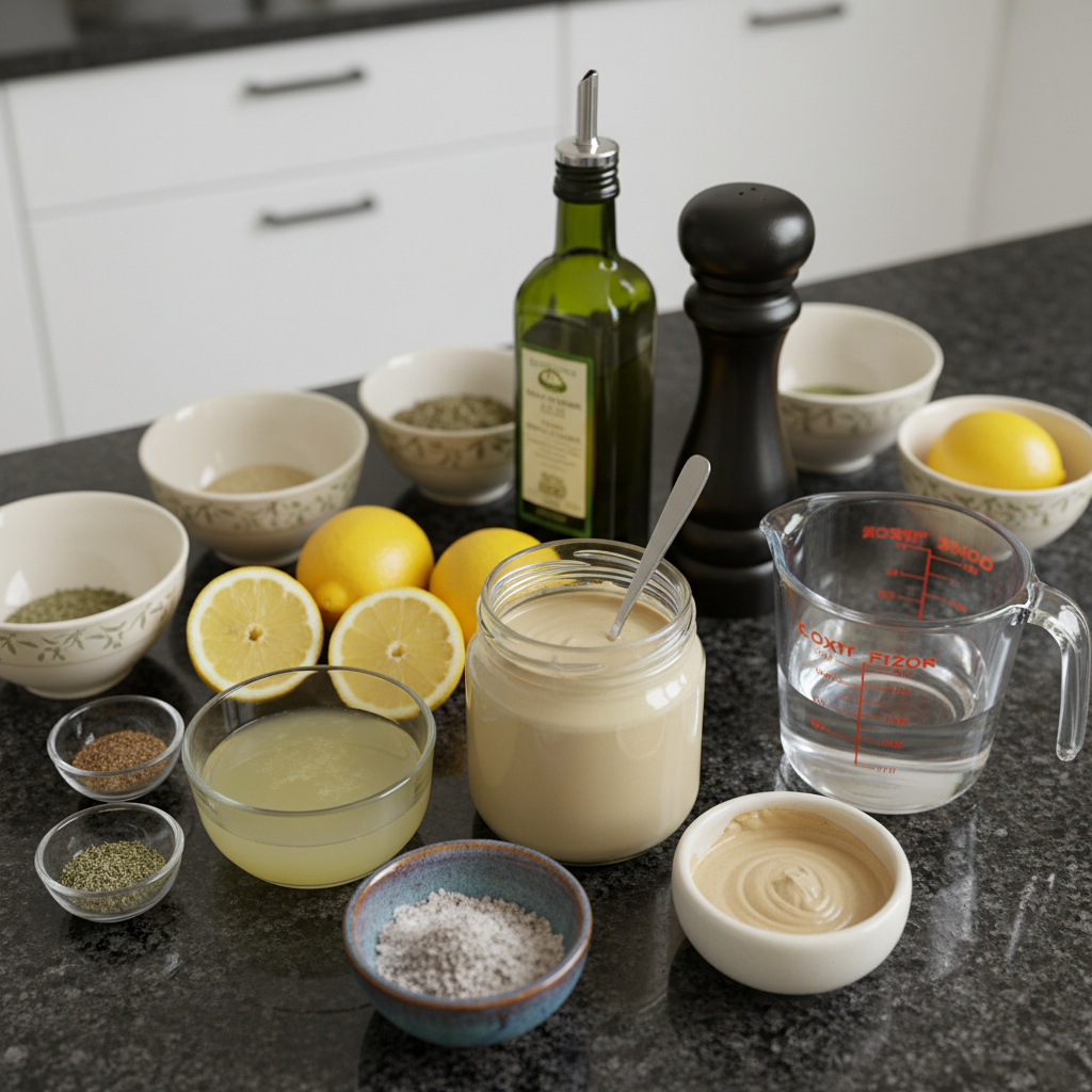 Close-up of fresh ingredients for making creamy homemade tahini dressing.