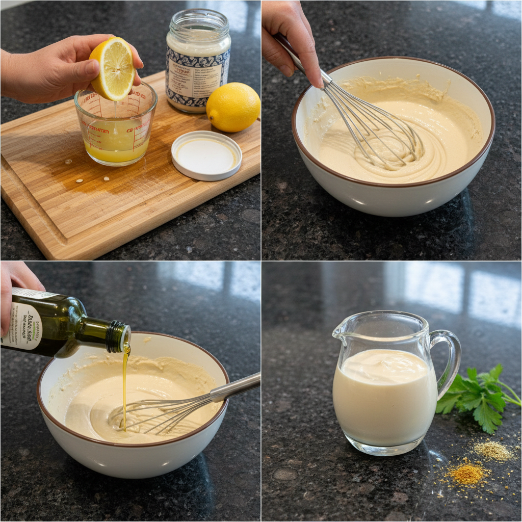Mixing tahini dressing ingredients in a bowl until smooth and emulsified.