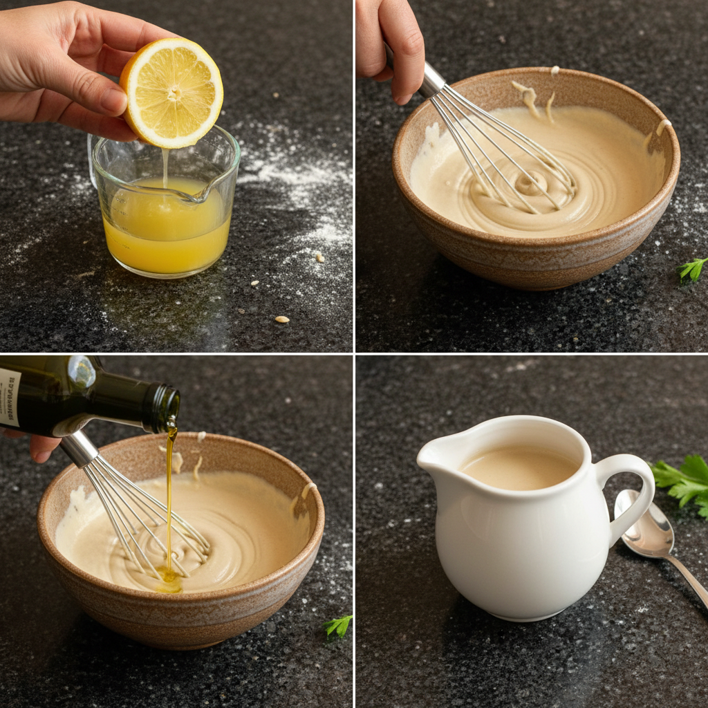 Making tahini dressing: blending ingredients until smooth and creamy.