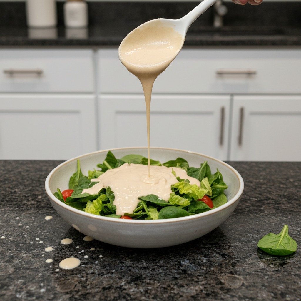 Golden tahini dressing drizzled over a vibrant salad, tempting and delicious.