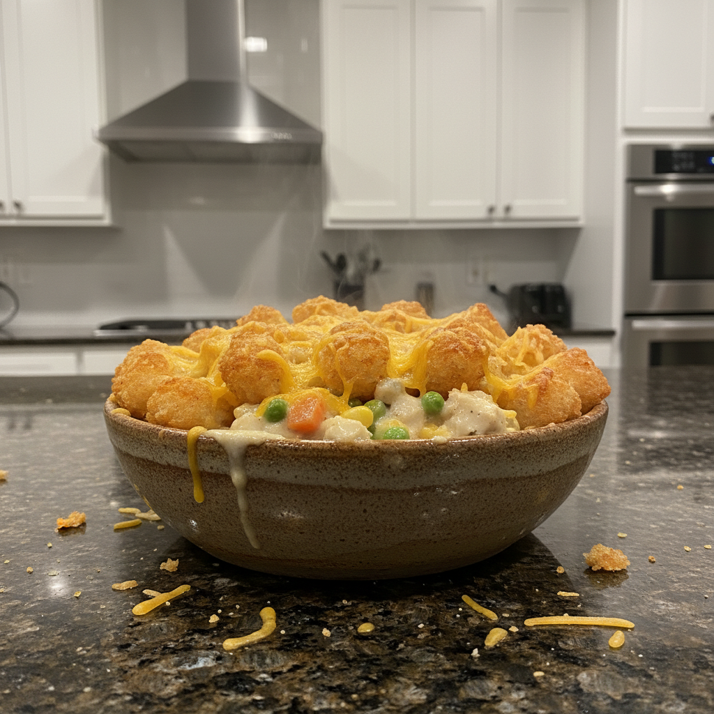 Golden Tater Tot Chicken Pot Pie baking dish ready to serve.