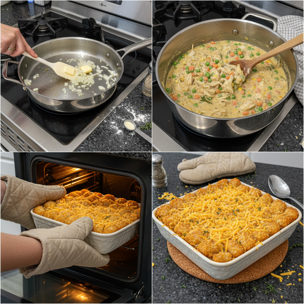 Assembling Tater Tot Chicken Pot Pie with tater tots on top.