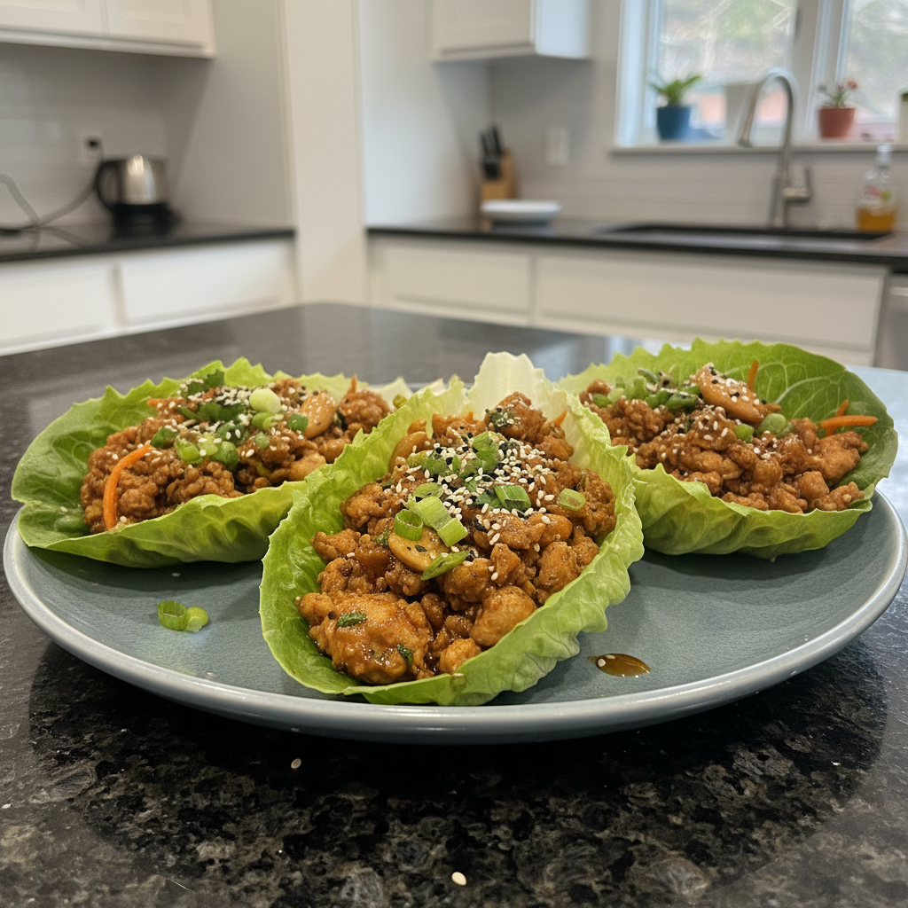 Delicious Thai lettuce wraps filled with savory chicken and vibrant vegetables.