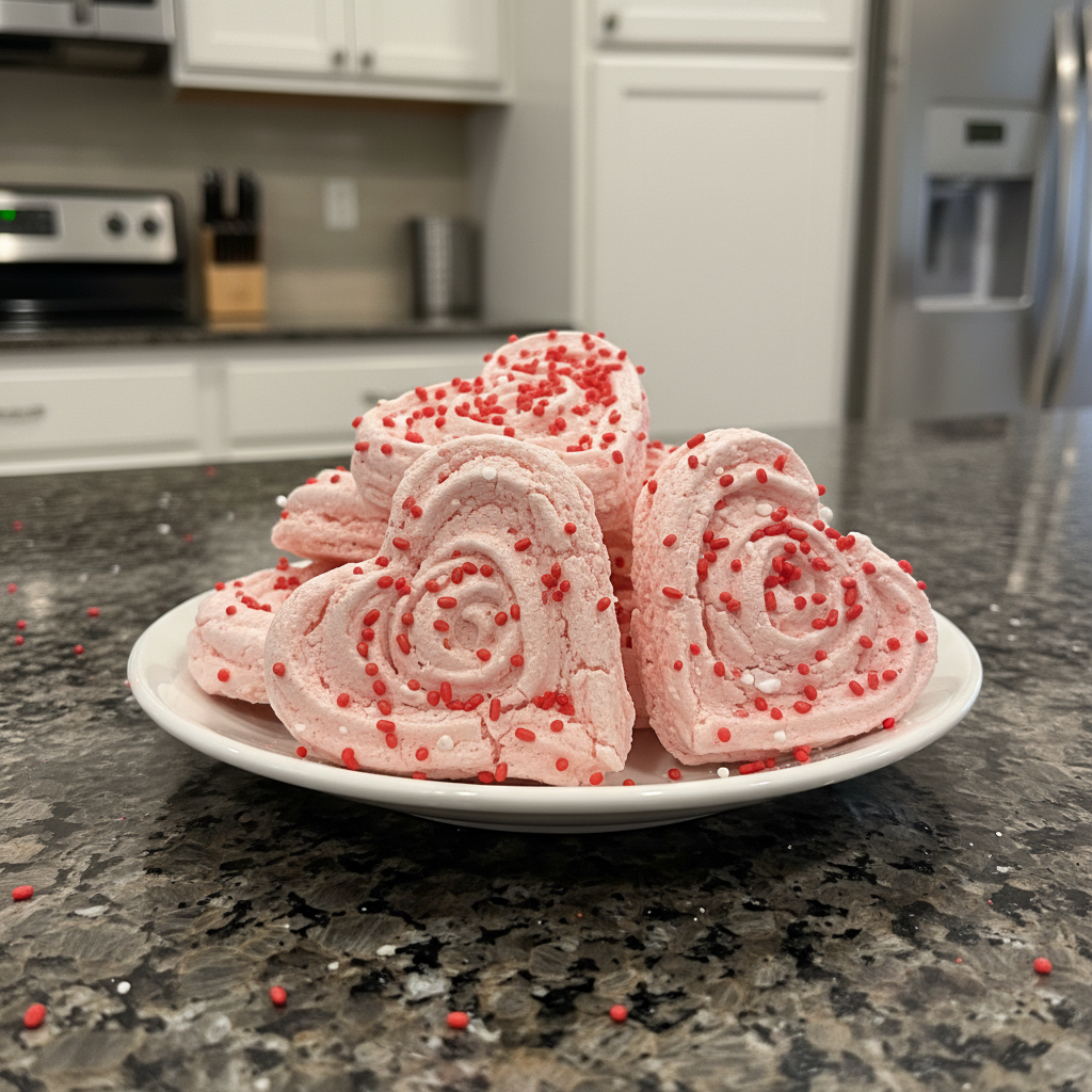 Close-up of heart-shaped Valentine meringue cookies dusted with powdered sugar.