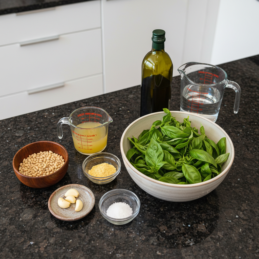 Fresh ingredients for making flavorful vegan basil pesto recipe.