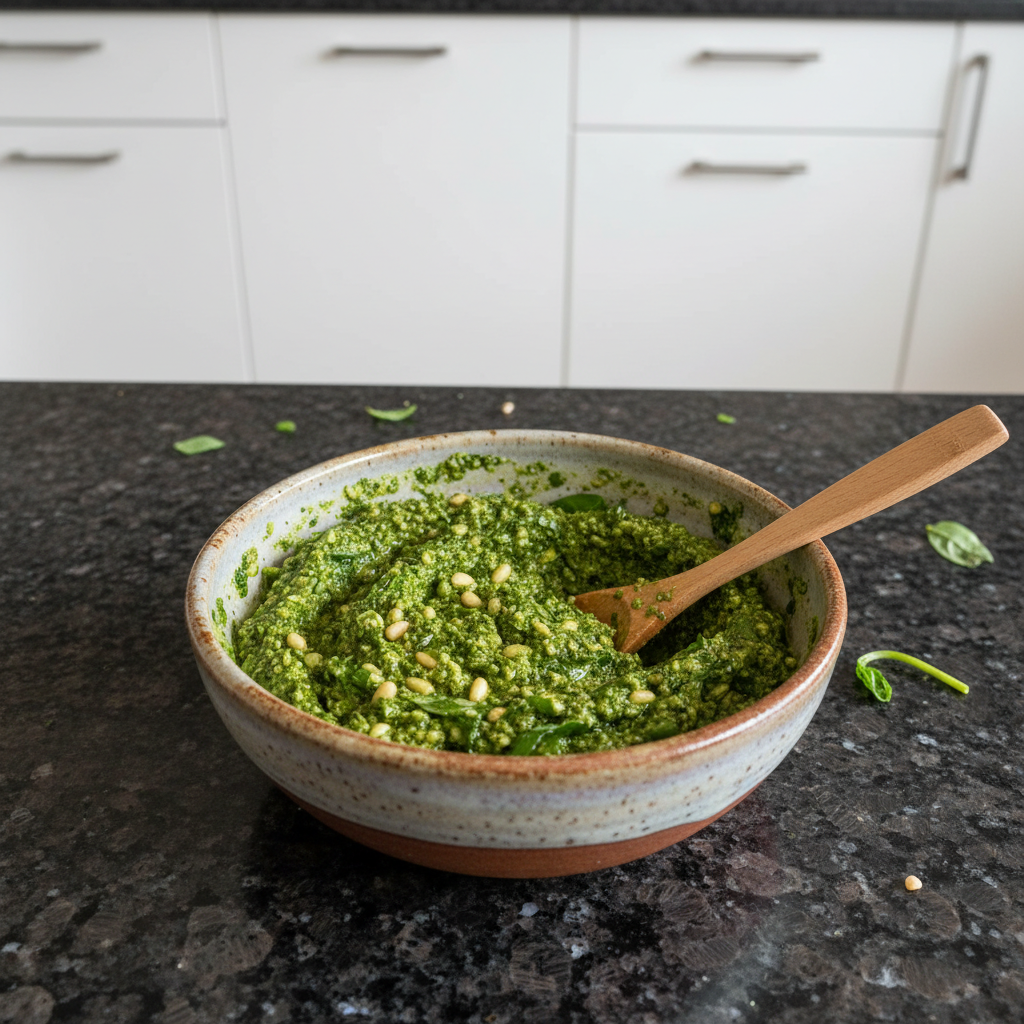 A vibrant plate of pasta coated in delicious vegan basil pesto, ready to eat.