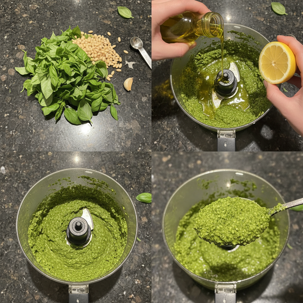 Blending fresh ingredients to make creamy vegan basil pesto.