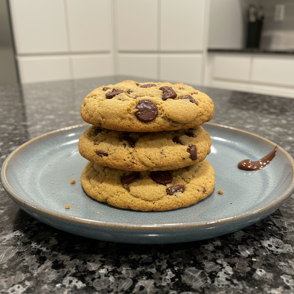 Golden vegan chocolate chip cookies cooling on a baking rack.