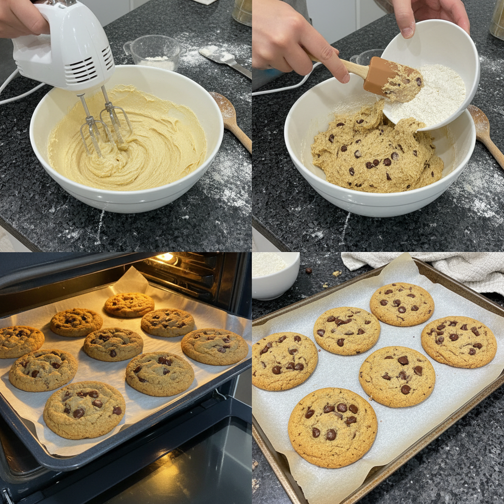 Mixing vegan chocolate chip cookies dough in a bowl.