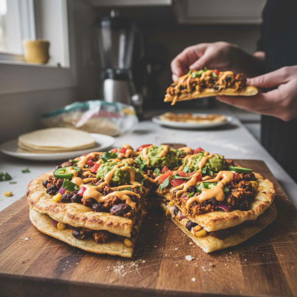 Delicious vegan Mexican pizza with colorful toppings on a crispy crust.