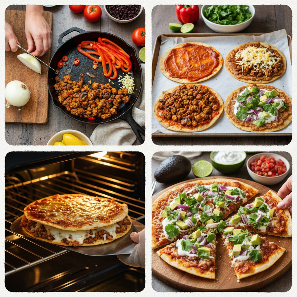 Step-by-step preparation of a homemade vegan Mexican pizza.