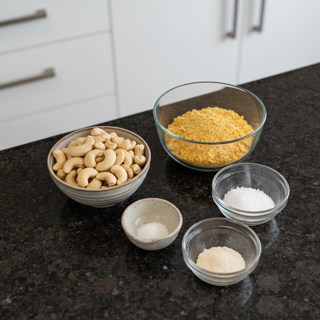 Close-up of all Vegan Parmesan Cheese ingredients: nuts, nutritional yeast, and seasonings.
