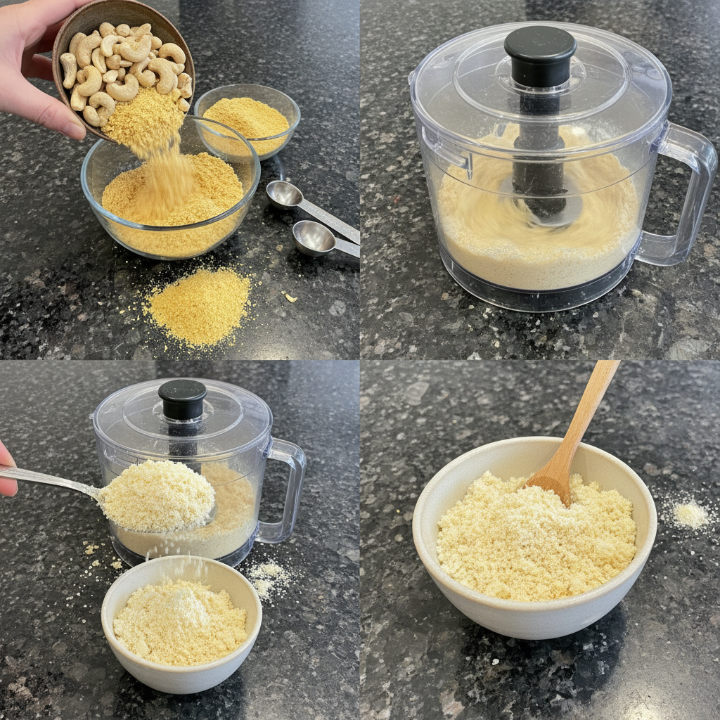 Step-by-step preparation of Vegan Parmesan Cheese, showing the blending process.