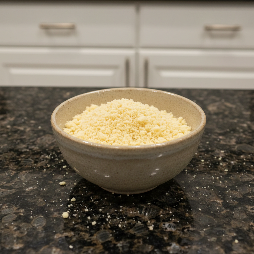 Golden, freshly grated Vegan Parmesan Cheese sprinkled on pasta, a delicious dairy-free alternative.